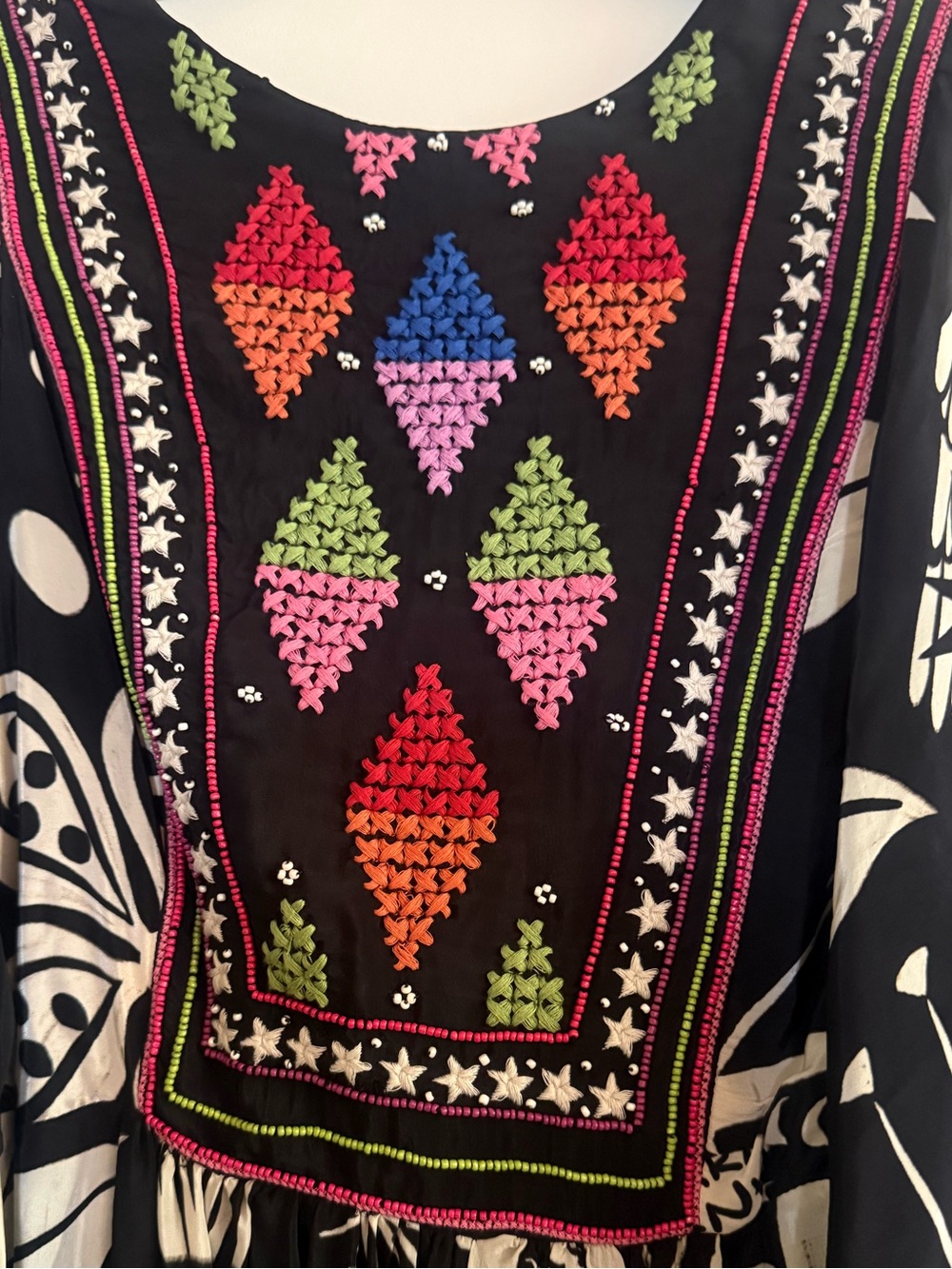 FARM Rio Cerrado Sky Embroidered Beaded Maxi Dress Black Kimono Sleeve Boho M - Picture 6 of 17